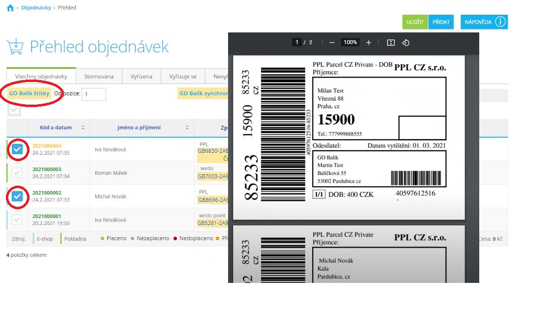 GO balík – shoptet Hromadný tisk štítků
